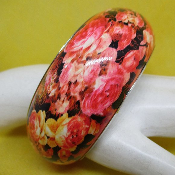 WIDE ENAMEL Cuff Bracelet Floral Enamel Bangle Cuff Bracelet Enamel SilverTone - Picture 2 of 9